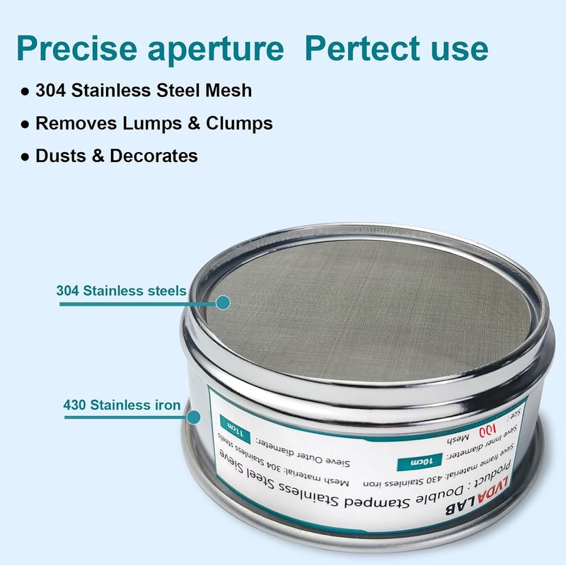 LVDALAB 304 Stainless Steel Mesh Lab Sieve, 100 Mesh (0.15mm) Aperture Test Sieve, 4inch(10cm) Diameter Economy Standard Analysis Sample Test Sieves for Industrial Laboratory Homes - Image 2